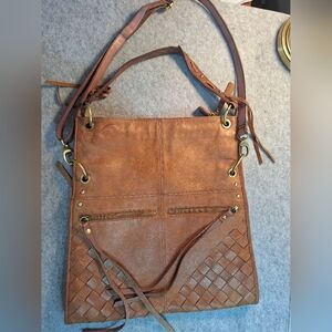 Lucky Abby Road Y2K Brown Large Leather Tote Bag With Floral Print Inside